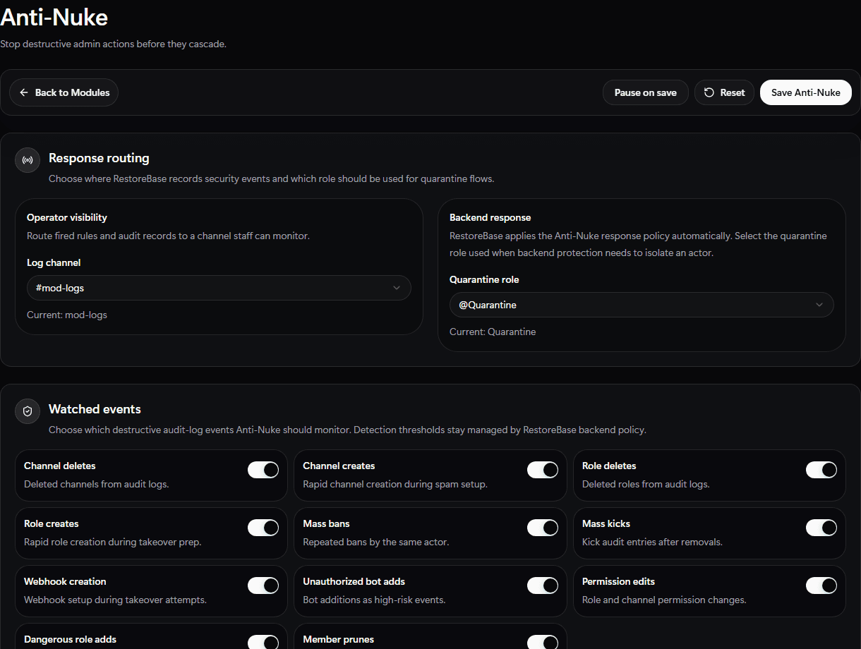 RestoreBase Anti-Nuke setup screen
