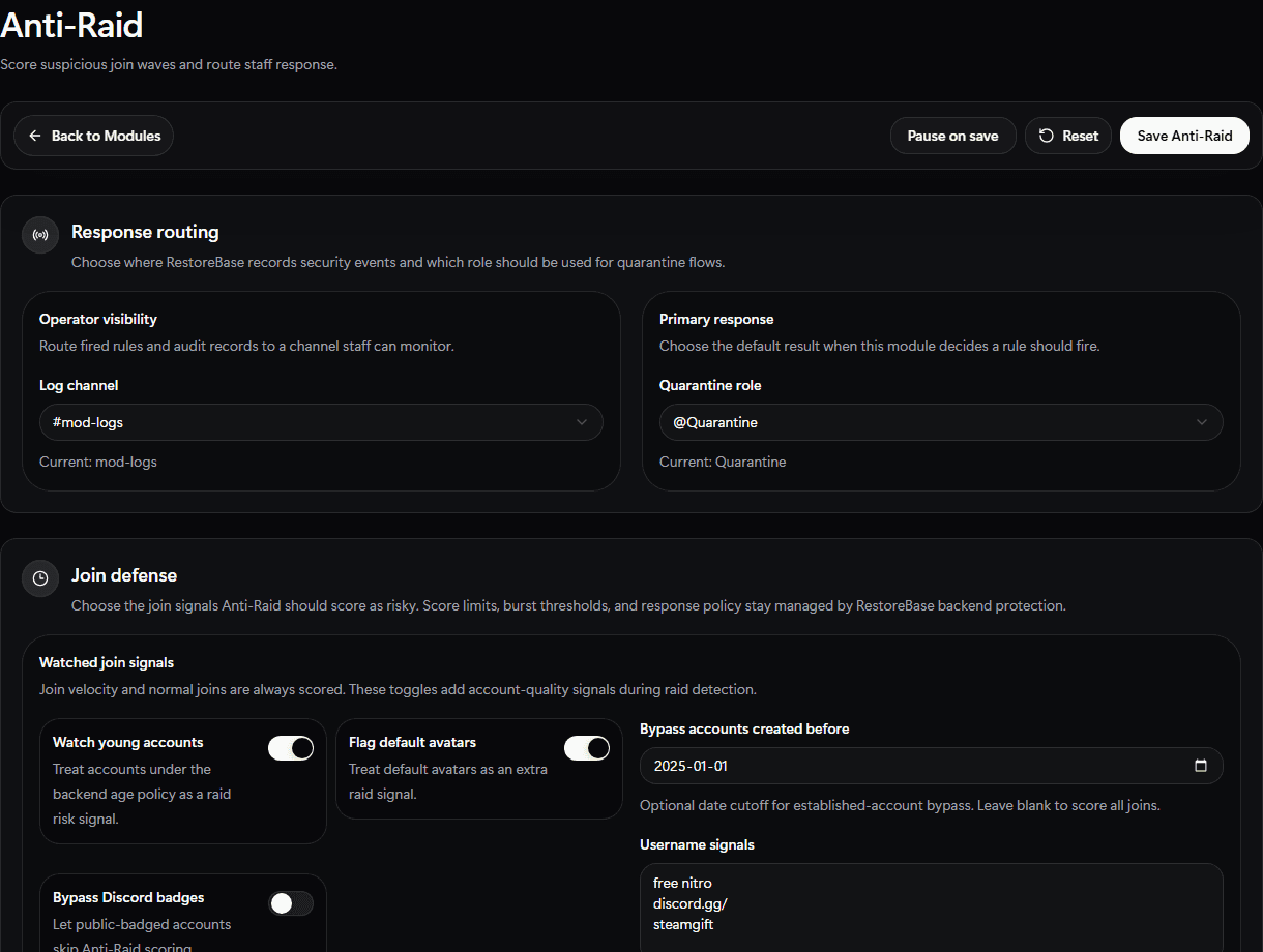 RestoreBase Anti-Raid setup screen