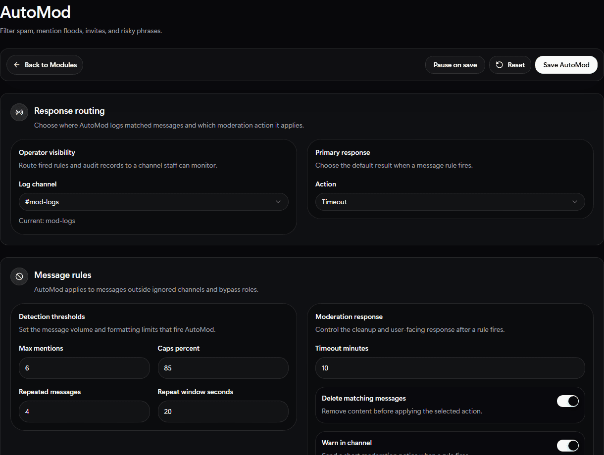 RestoreBase AutoMod setup screen