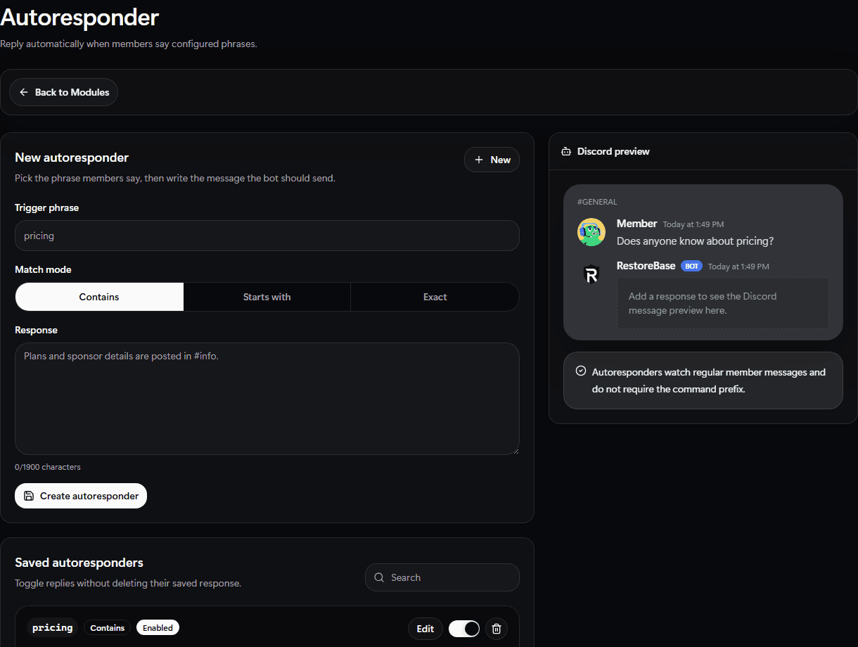 RestoreBase autoresponder setup screen