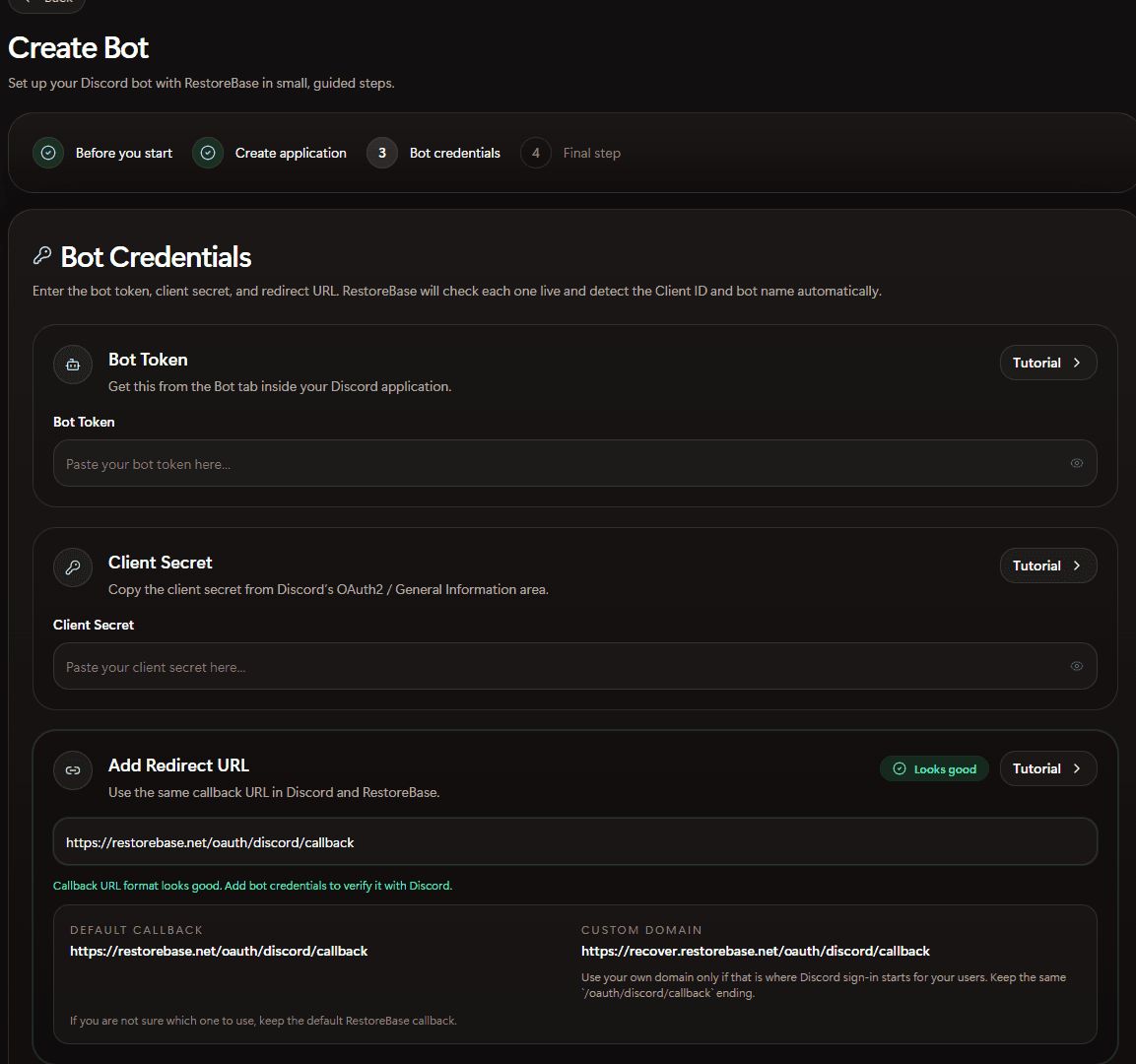 RestoreBase bot credential setup screen