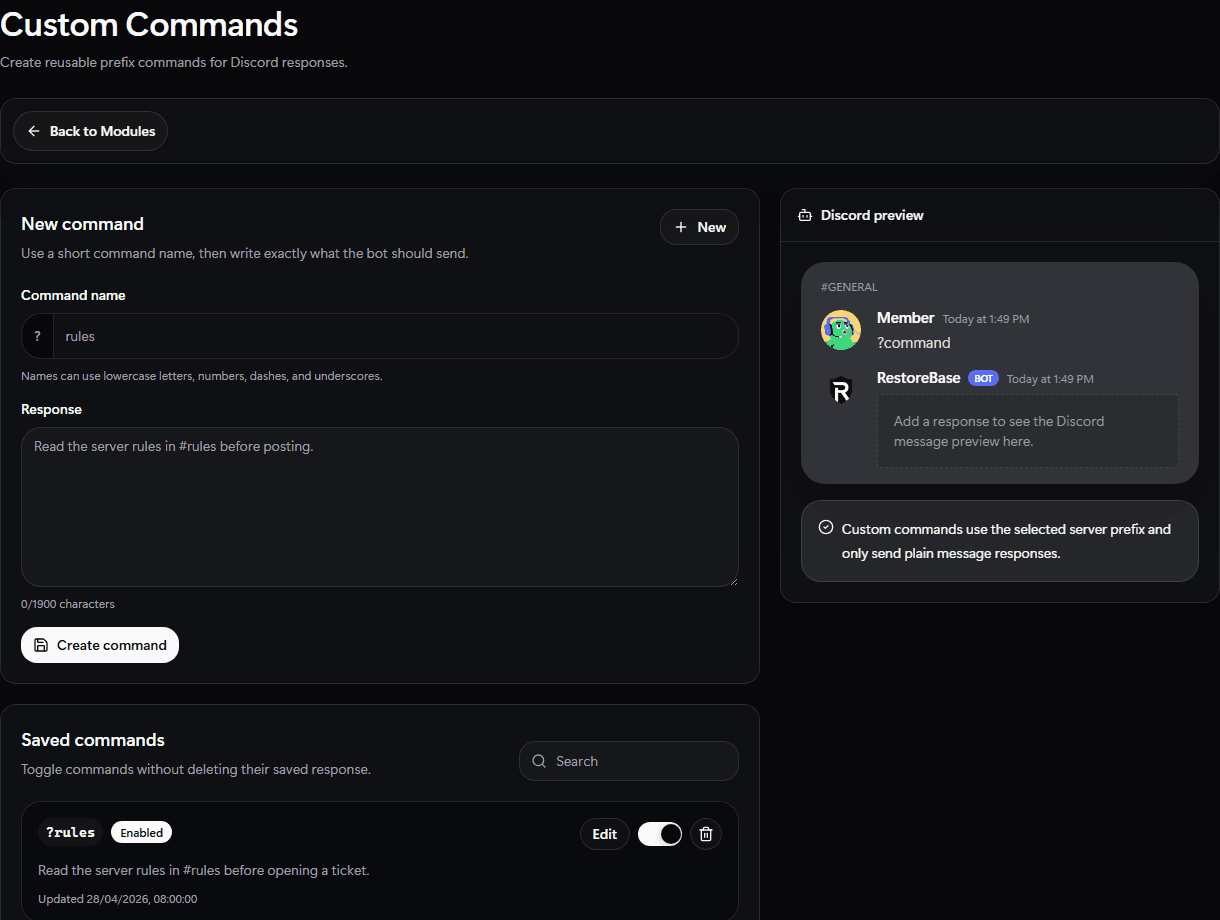 RestoreBase custom commands setup screen