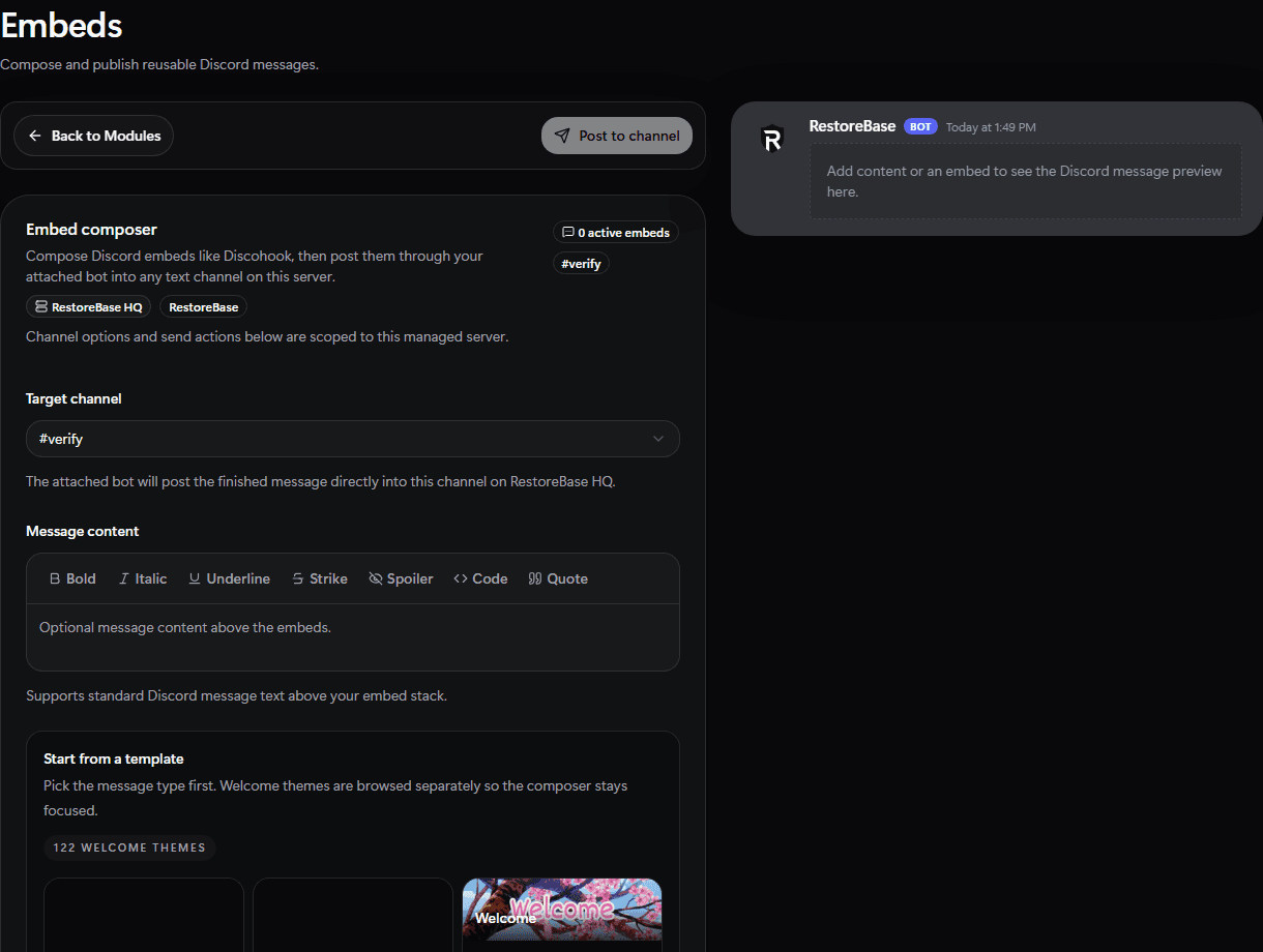 RestoreBase embeds setup screen