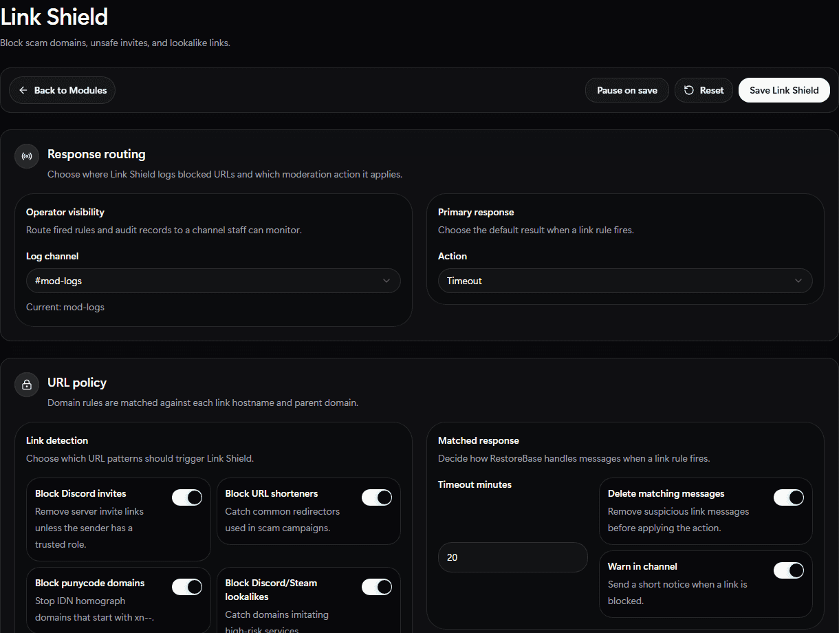 RestoreBase Link Shield setup screen
