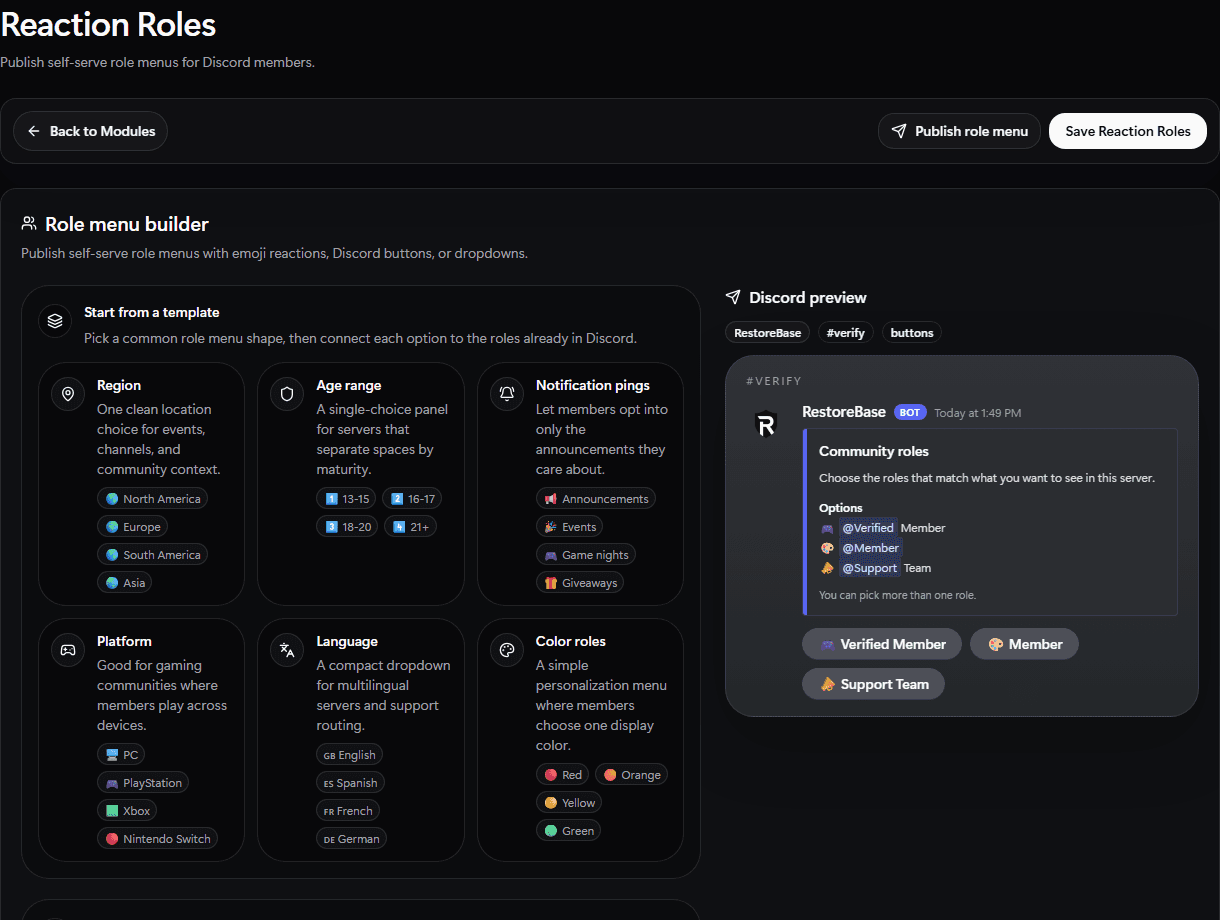 RestoreBase reaction roles setup screen