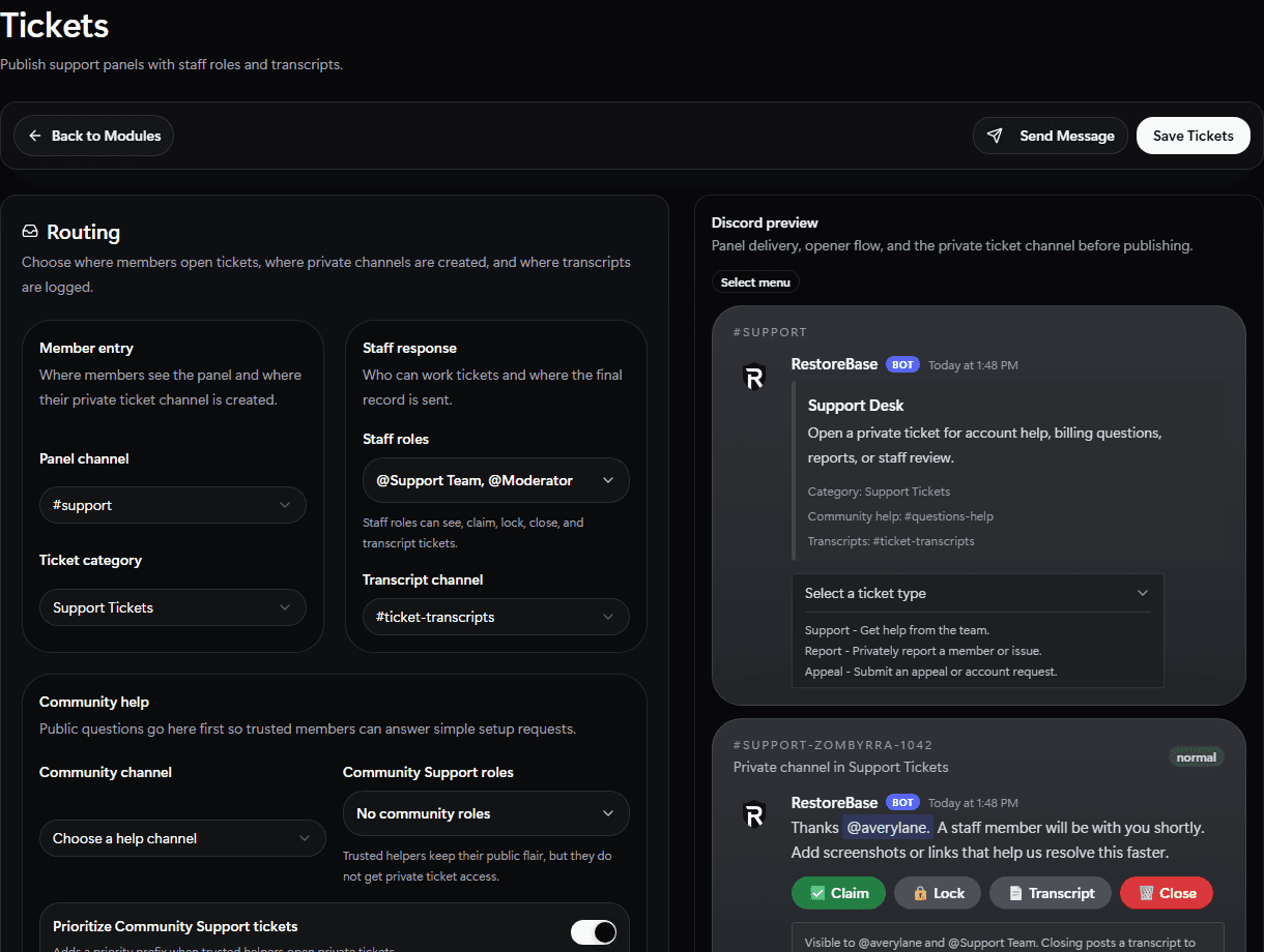 RestoreBase tickets setup screen