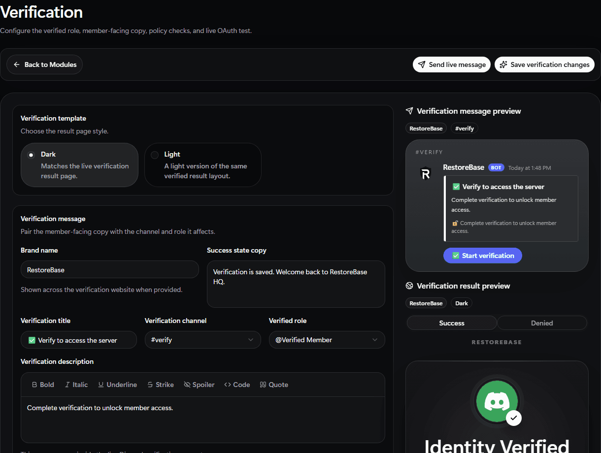RestoreBase verification setup screen