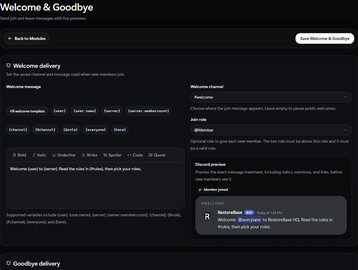 RestoreBase welcome and goodbye setup screen