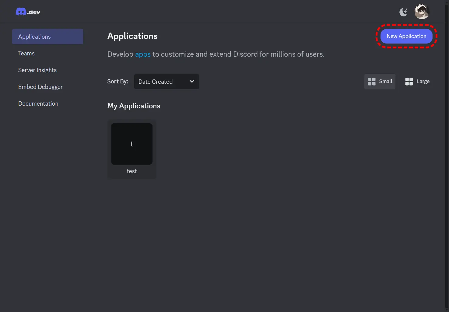 Discord Developer Portal create application screen