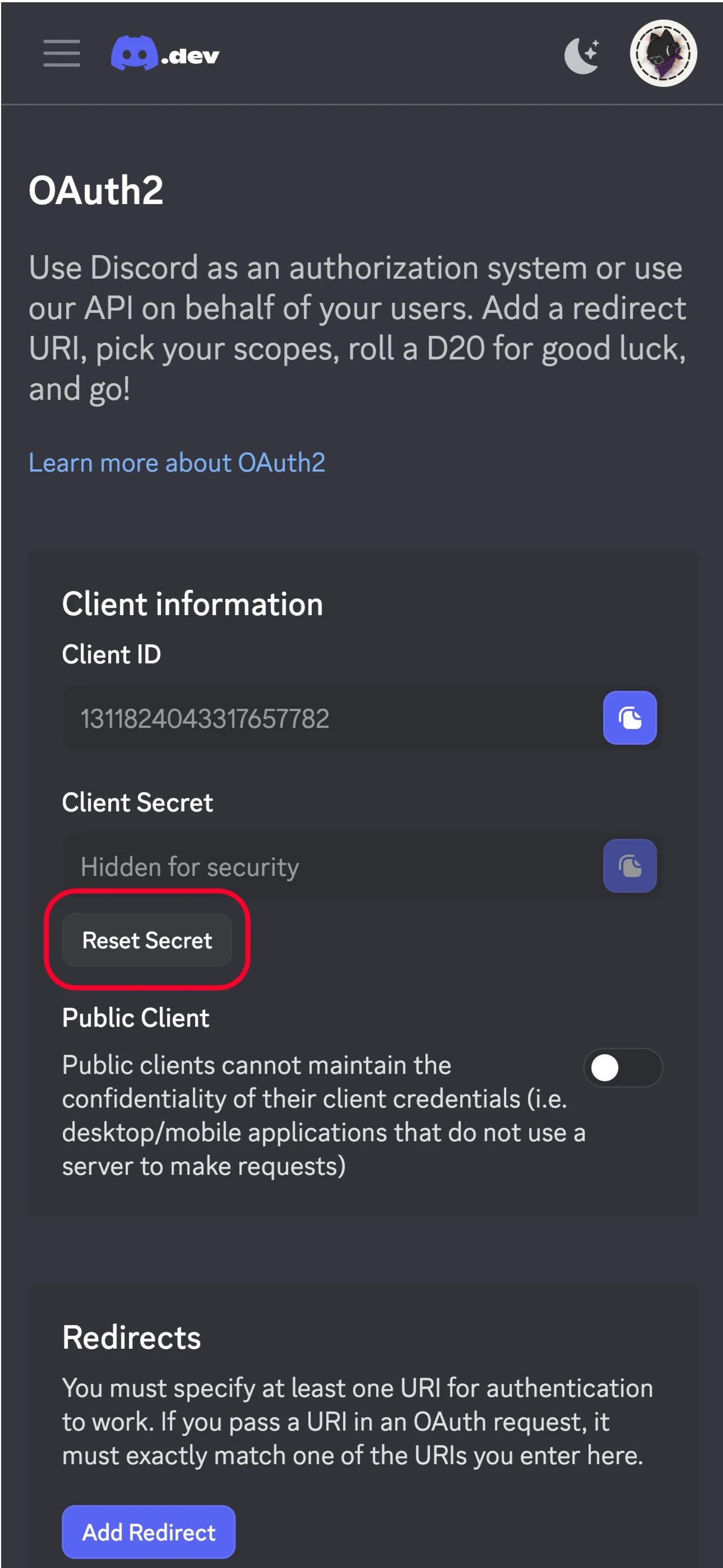 Discord Developer Portal client secret screen