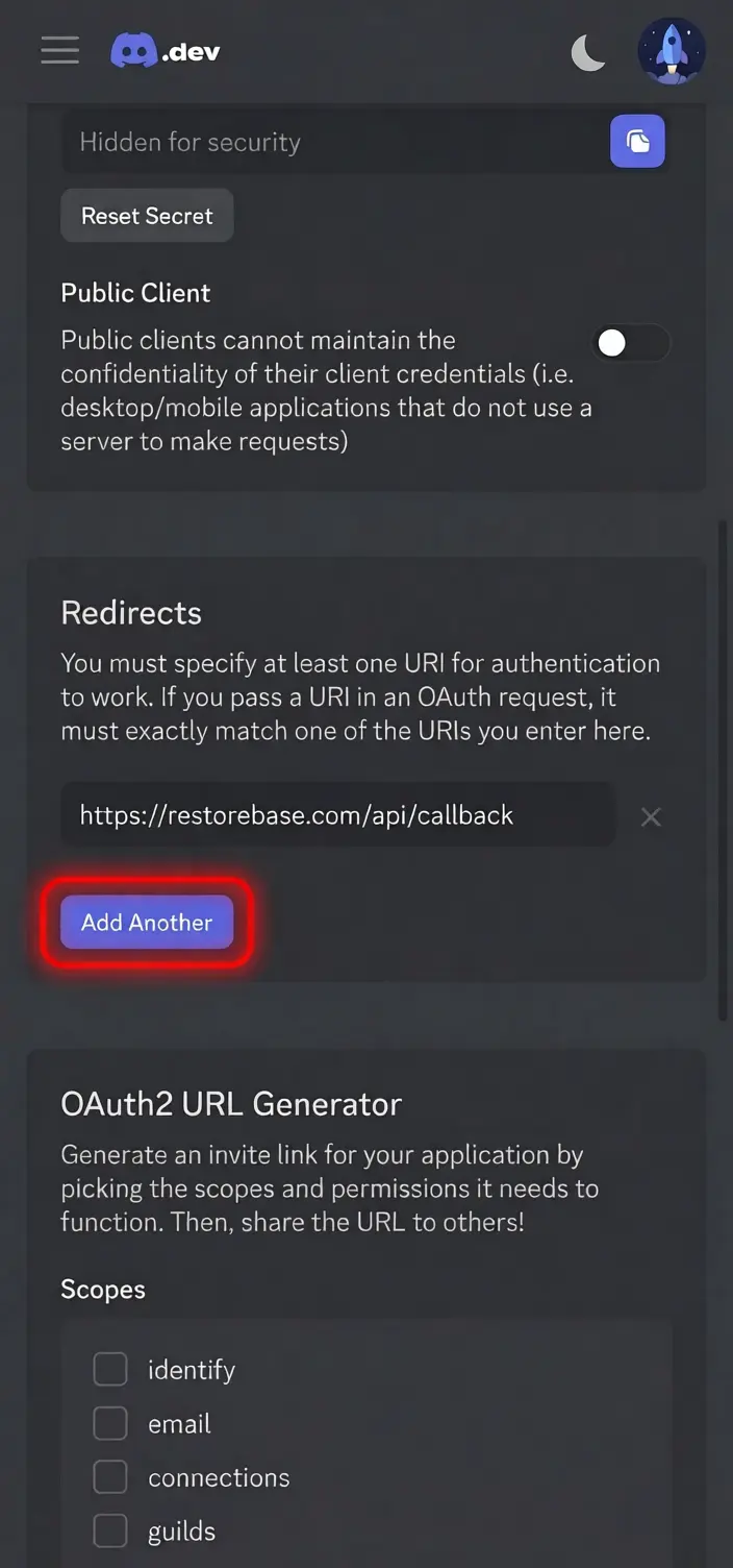 Discord redirect URL screen